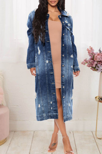 Casual Solid Ripped Patchwork Buckle Turndown Collar Long Sleeve Straight Denim Jacket