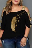 Casual Print Hollowed Out O Neck Plus Size Tops