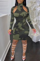 Casual Camouflage Print Hollowed Out Turtleneck Long Sleeve Dresses