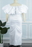 Elegant Solid Patchwork Fold Off the Shoulder Evening Dress Plus Size Dresses