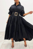Casual Solid Patchwork Buckle Fold Turndown Collar Shirt Dress Dresses(Without Belt）