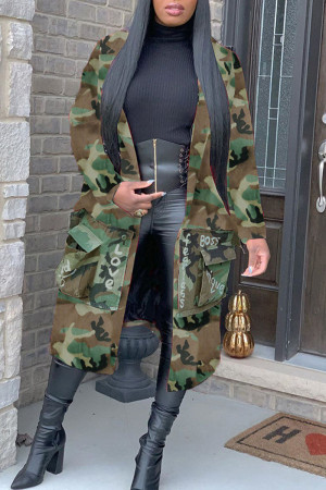 Casual Street Print Camouflage Print Patchwork Turn-back Collar Outerwear