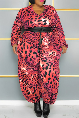 Sexy Street Print Leopard Patchwork Without Belt V Neck Plus Size Jumpsuits(Without Belt)