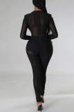 Sexy Solid Patchwork See-through Asymmetrical Collar Skinny Jumpsuits