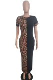 Fashion Casual Print Leopard Patchwork O Neck Short Sleeve Dress
