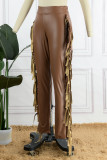 Casual Solid Tassel Patchwork Skinny High Waist Pencil Trousers