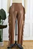 Casual Solid Tassel Patchwork Skinny High Waist Pencil Trousers