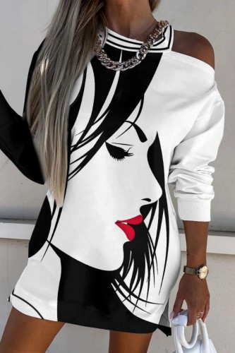Casual Print Hollowed Out O Neck Long Sleeve Dresses