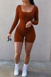 Casual Solid Basic U Neck Long Sleeve Skinny Romper