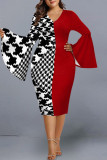 Elegant Print Patchwork V Neck One Step Skirt Plus Size Dresses