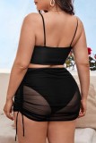 Sexy Solid Leopard Patchwork Backless Spaghetti Strap Plus Size Swimwear Three Piece Set (With Paddings)