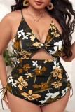 Sexy Print Hollowed Out Patchwork Backless Cross Straps V Neck Plus Size Swimwear (With Paddings)