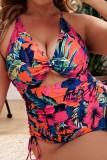 Sexy Print Hollowed Out Patchwork Backless Cross Straps V Neck Plus Size Swimwear (With Paddings)