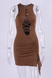 Sexy Solid Hollowed Out Draw String Frenulum O Neck Sleeveless Dress