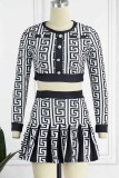 Casual Print Patchwork O Neck Long Sleeve Two Pieces