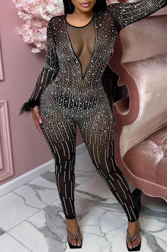 Sexy Patchwork Hot Drilling See-through O Neck Skinny Jumpsuits