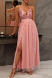 Sexy Formal Solid Sequins Patchwork Backless Slit Spaghetti Strap Evening Dress Dresses