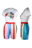 Casual Striped Lips Printed Patchwork O Neck Short Sleeve Two Pieces