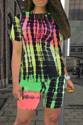 Street Print Patchwork O Neck Short Sleeve Two Pieces