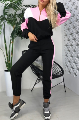 Casual Sportswear Patchwork Contrast Zipper Collar Long Sleeve Two Pieces