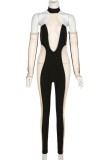 Sexy Patchwork See-through Backless O Neck Skinny Jumpsuits