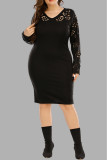 Casual Solid Hollowed Out V Neck Long Sleeve Plus Size Dresses