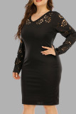 Casual Solid Hollowed Out V Neck Long Sleeve Plus Size Dresses