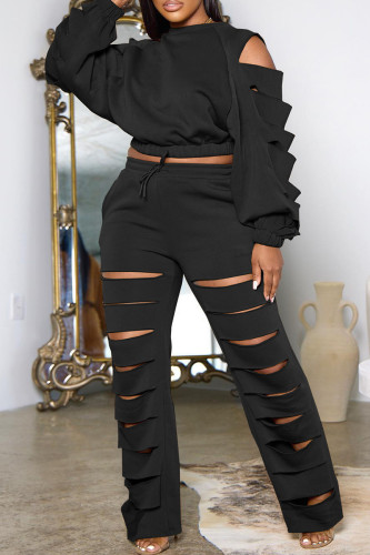 Casual Solid Ripped Hollowed Out O Neck Plus Size Two Pieces