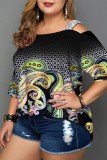 Casual Print Hollowed Out Off the Shoulder Plus Size Tops