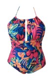 Sexy Print Solid Hollowed Out Backless Cross Straps V Neck Plus Size Swimwear