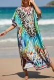 Casual Print Patchwork Slit V Neck Beach Dress Dresses