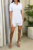Casual Solid Patchwork Slit Turndown Collar Short Sleeve Two Pieces
