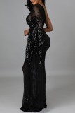 Sexy Patchwork Sequins See-through Backless Oblique Collar Irregular Dress Dresses