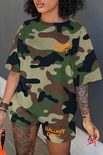 Casual Camouflage Print Letter O Neck Short Sleeve Two Pieces