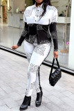 Street Print Patchwork Buckle Turndown Collar Long Sleeve Two Pieces