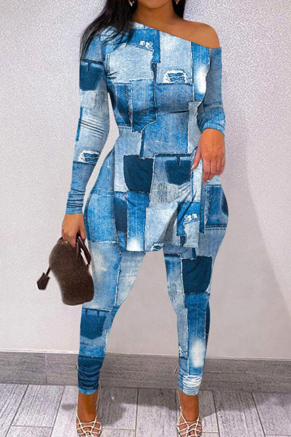 Casual Street Print Patchwork Slit Oblique Collar Plus Size Two Pieces