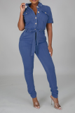 Casual Solid Patchwork Turndown Collar Skinny Jumpsuits