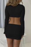 Sexy Solid Hollowed Out O Neck Long Sleeve Two Pieces