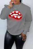 Street Lips Printed Patchwork O Neck Tops