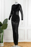Sexy Solid Patchwork See-through Fold Turtleneck Pencil Skirt Dresses