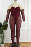 Sexy Solid Patchwork See-through Fold Spaghetti Strap Plus Size Jumpsuits