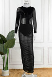 Sexy Solid Patchwork See-through Fold Turtleneck Pencil Skirt Dresses
