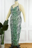 Sexy Print Leopard Patchwork Fold Halter One Step Skirt Plus Size Dresses
