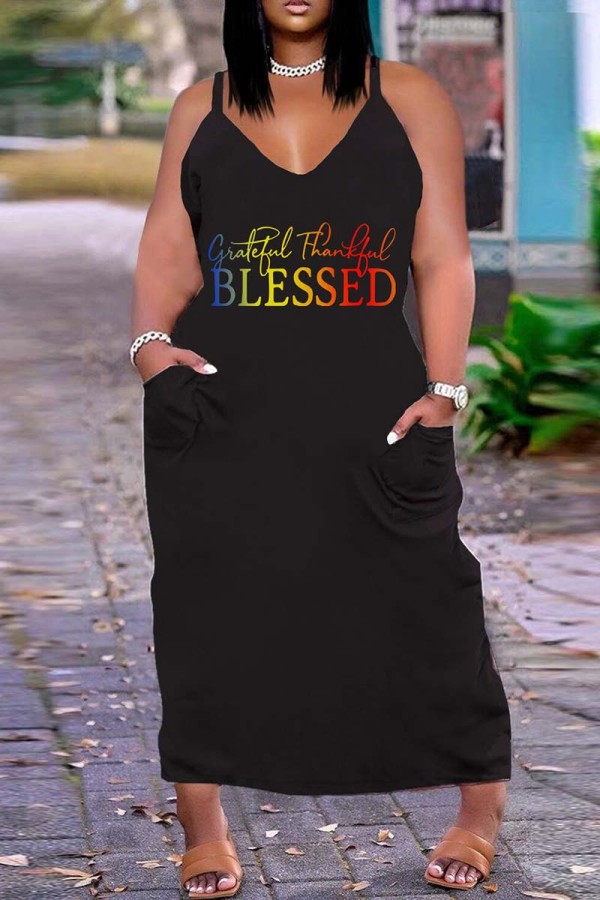 Sexy Casual Print Basic Spaghetti Strap Long Dress Plus Size Dresses