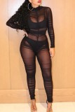 Sexy Solid Patchwork See-through Half A Turtleneck Skinny Jumpsuits