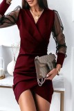 Casual Solid Patchwork See-through V Neck Long Sleeve Dresses