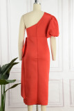 Elegant Solid Patchwork Flounce Asymmetrical Oblique Collar Evening Dress Dresses