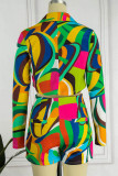 Sexy Print Patchwork Asymmetrical Turn-back Collar Long Sleeve Two Pieces