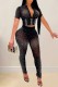 Sexy Patchwork Hot Drilling See-through Zipper Collar Short Sleeve Two Pieces