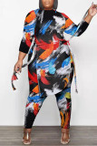 Casual Print Camouflage Print Bandage Patchwork Asymmetrical O Neck Plus Size Two Pieces